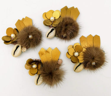 Hand Embroidered Bronze Applique With Cowrie Shell, Sequins,Pearl and Feather Pom Pom